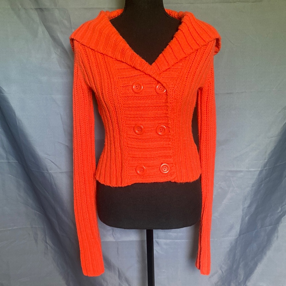 Y2K Rare Adorable Vibrant Orange Medium Thick Cable Knit Button Up With A Hoodie